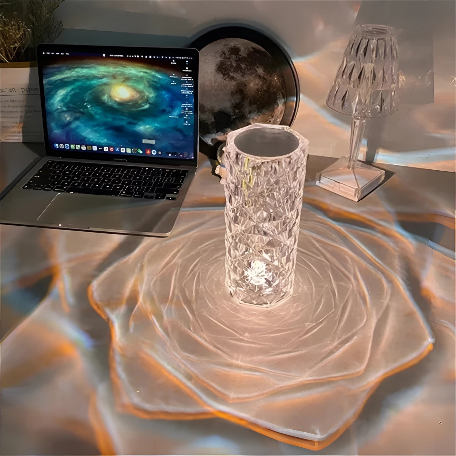 Luxury crystal vase displayed as an elegant centerpiece on a table, surrounded by tableware and subtle lighting, showcasing its role as a premium decor piece.