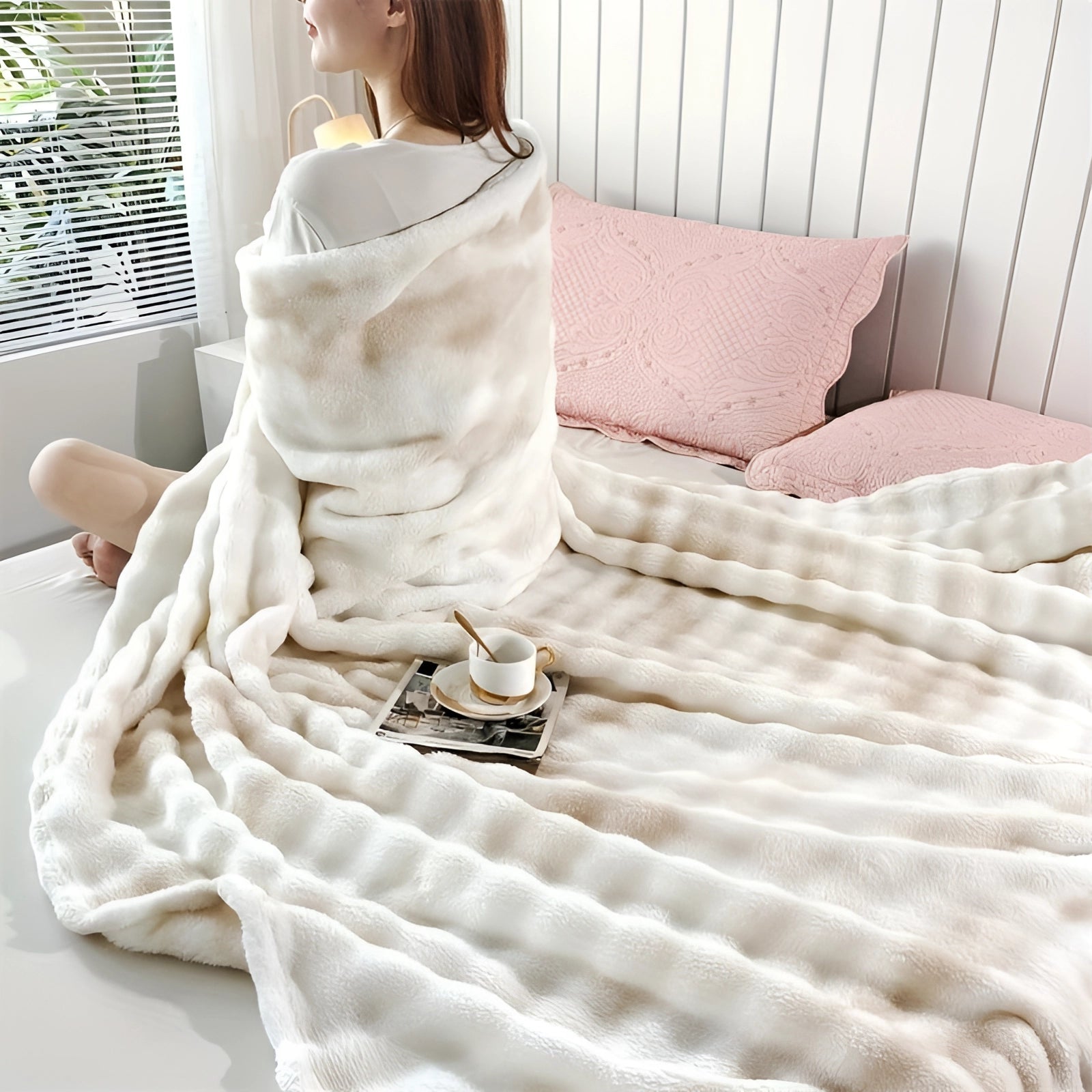 Luxury faux fur blanket in white, measuring 200 x 230cm, draped over a cozy indoor setting with a window in the background. The plush texture and elegant design make it an inviting decor piece.