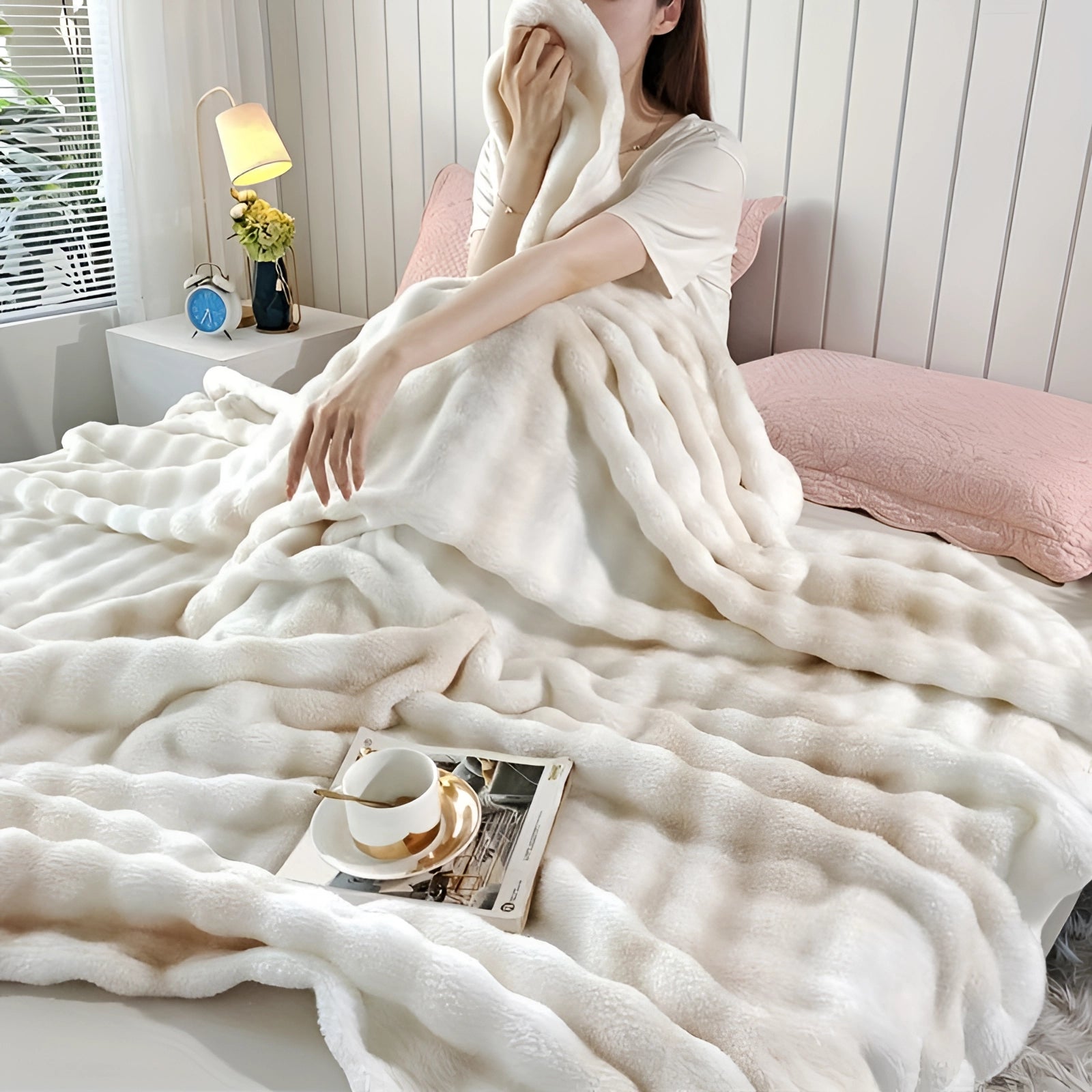 Luxurious white faux fur blanket draped over a wooden bed frame in a cozy bedroom setting, enhancing the decor with plush texture and inviting comfort.