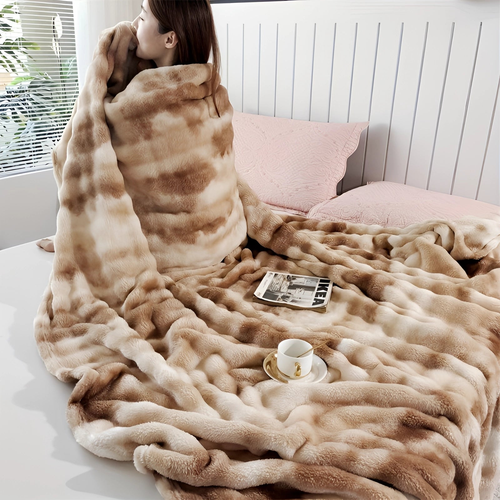 Luxurious faux fur blanket in a rich brown hue, measuring 200 x 230cm, draped over an elegant hardwood floor, complemented by cozy decor elements such as textiles and plants.