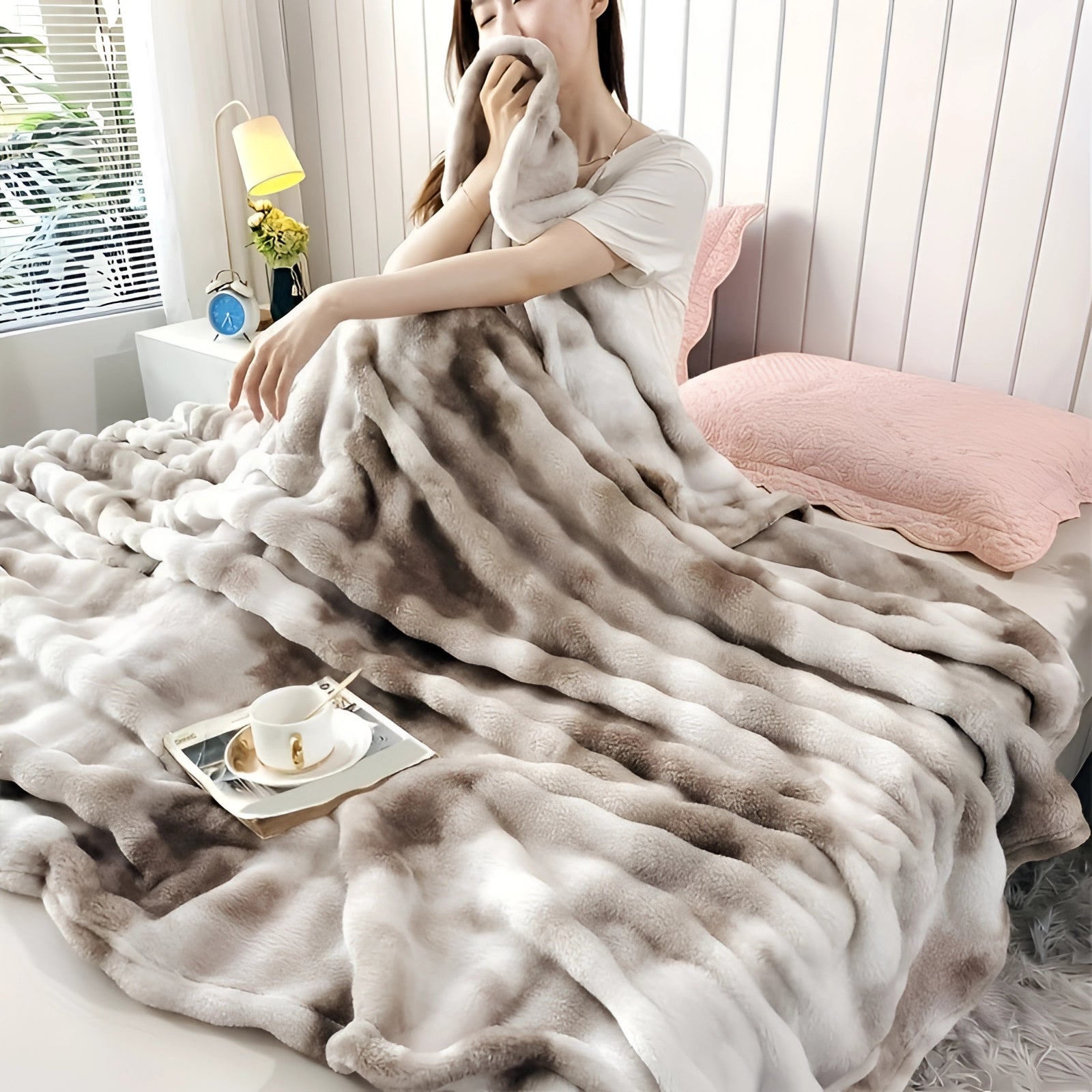 Luxurious khaki faux fur blanket measuring 200x230cm draped over a sofa, showcasing its plush and cozy texture, perfect for adding designer decor to any room.