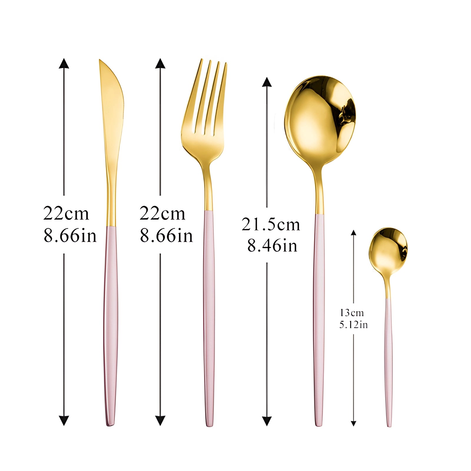 Luxury gold cutlery set displayed on a table, featuring elegant spoons with a modern design, complemented by a touch of greenery in the background.