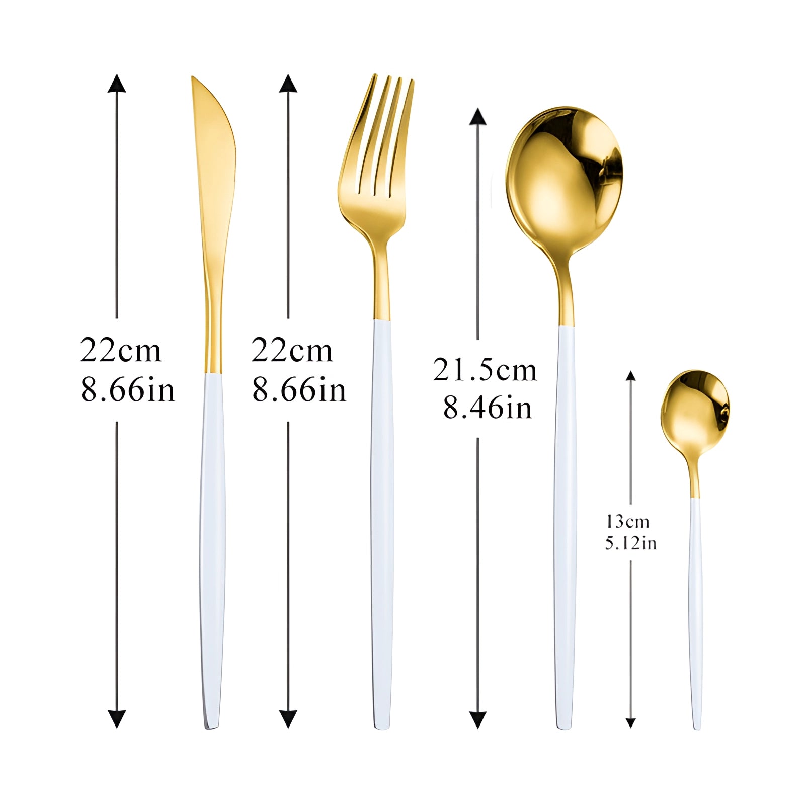 Luxury gold cutlery set displayed on a table, featuring a modern and elegant design with metal utensils including spoons, showcasing the sophisticated and stylish tableware.