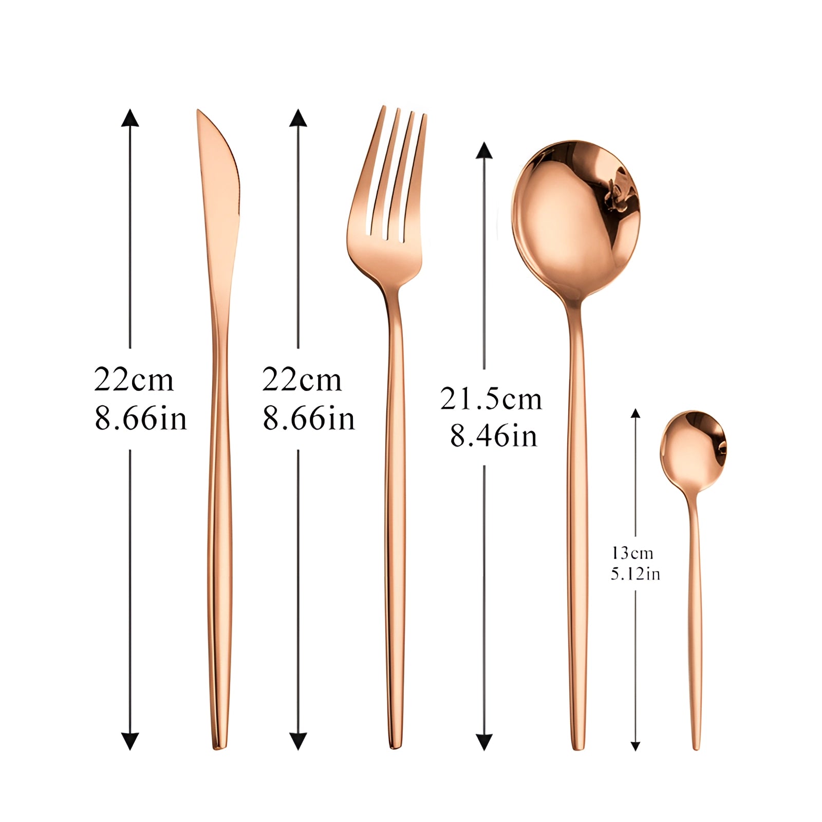 Luxury gold cutlery set featuring a modern design, including a spoon, displayed elegantly on a table setting.