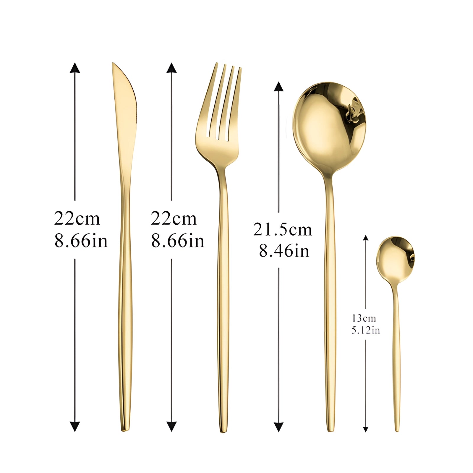 
A luxurious gold cutlery set elegantly arranged on a wooden surface, showcasing modern design and sophistication, featuring metal utensils that include forks, knives, and spoons as part of a complete tableware collection.