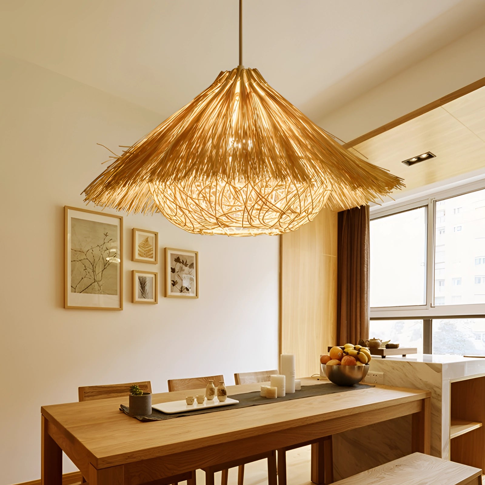 Luxury Gold Tassel Chandelier with Modern Fringe Pendant Light Fixture in a Warm White glow, 50CM size, hanging in a stylish interior with wooden elements and a window, illuminating the space with a cozy, warm ambiance.