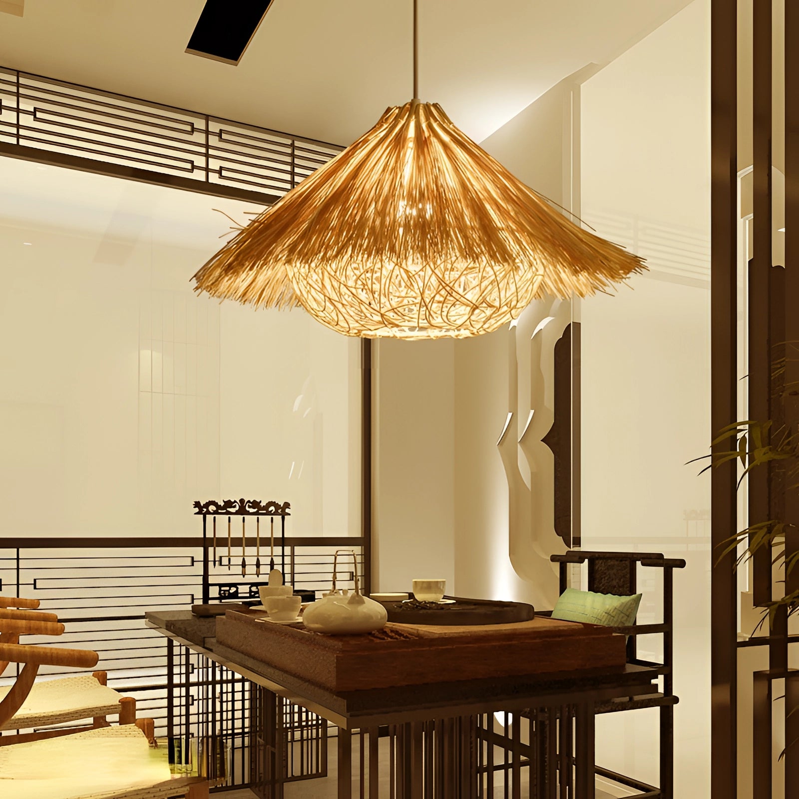 Luxury Gold Tassel Chandelier with modern fringe design, hanging in an elegant interior setting with stylish furniture and wood accents.