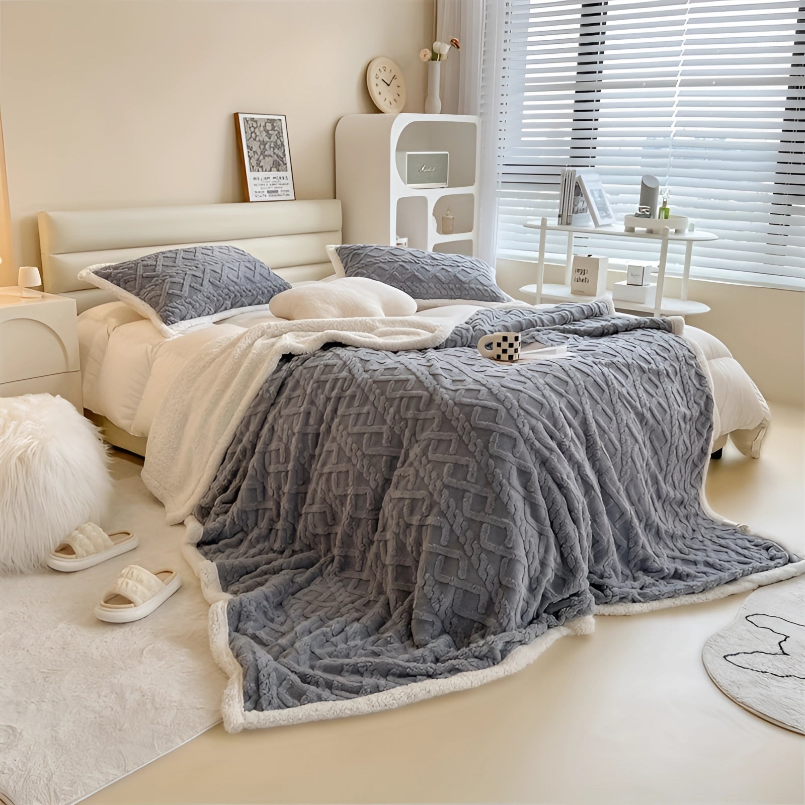 Luxurious gray bedding set featuring a plush comforter and designer pillows on a well-made bed, surrounded by elegant interior design elements including a window with blinds, wooden flooring, and an aesthetically pleasing bed frame.