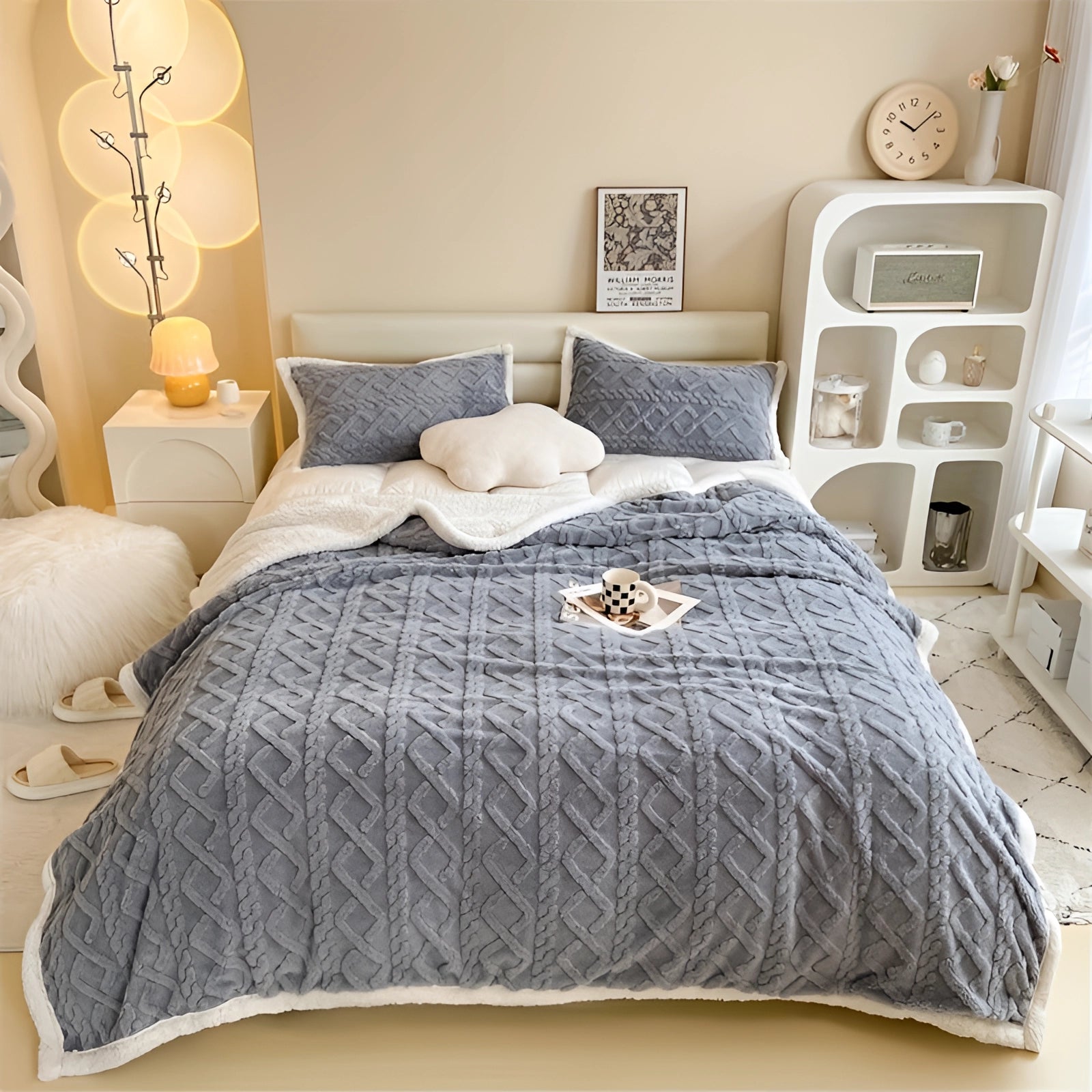 
A luxury gray bedding set featuring a plush comforter and designer pillows displayed on a bed frame in a stylishly designed interior.