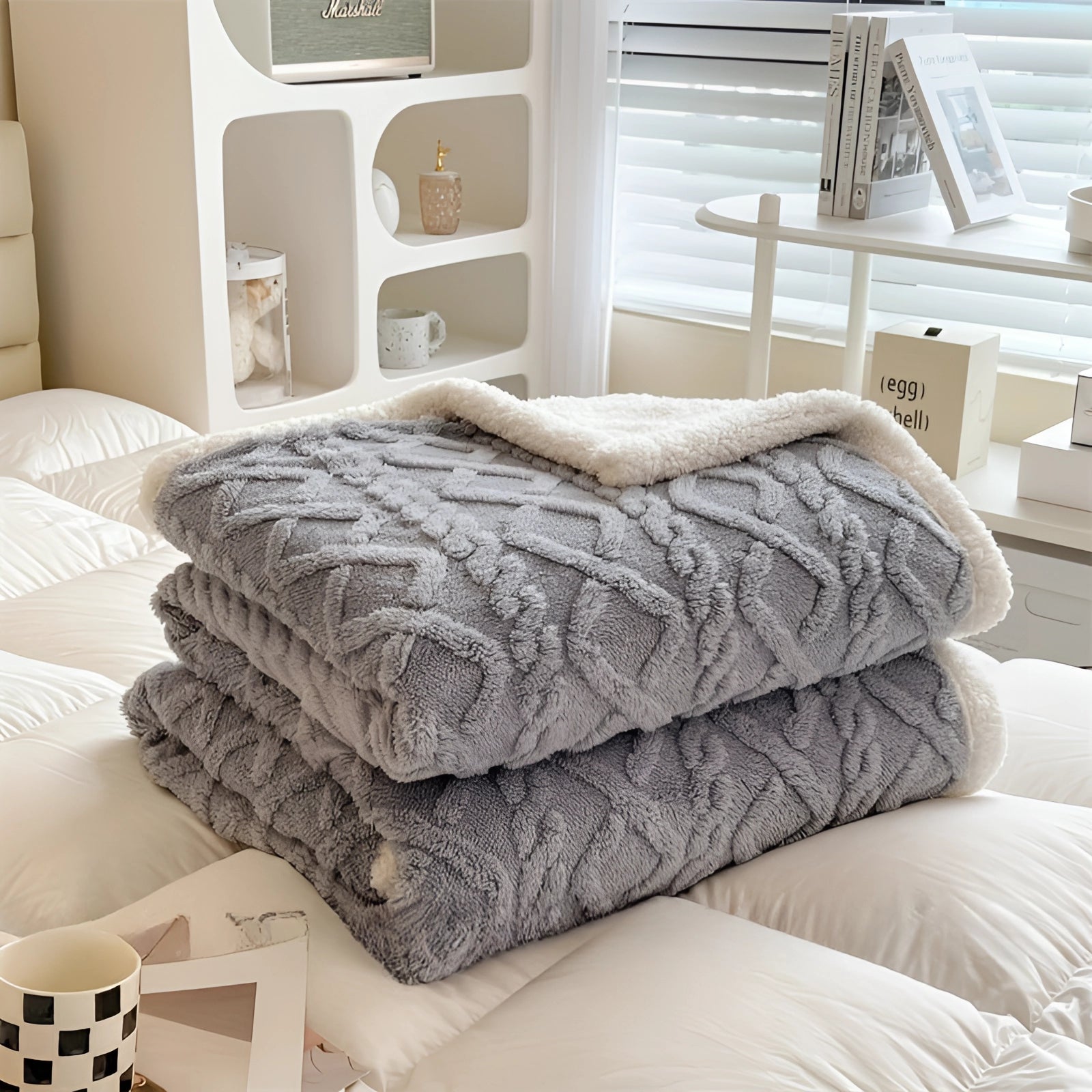 Luxury gray bedding set featuring a plush comforter and designer pillows on a stylish bed frame. The room showcases modern interior design with wooden accents, large windows, and a comfortable ambiance.