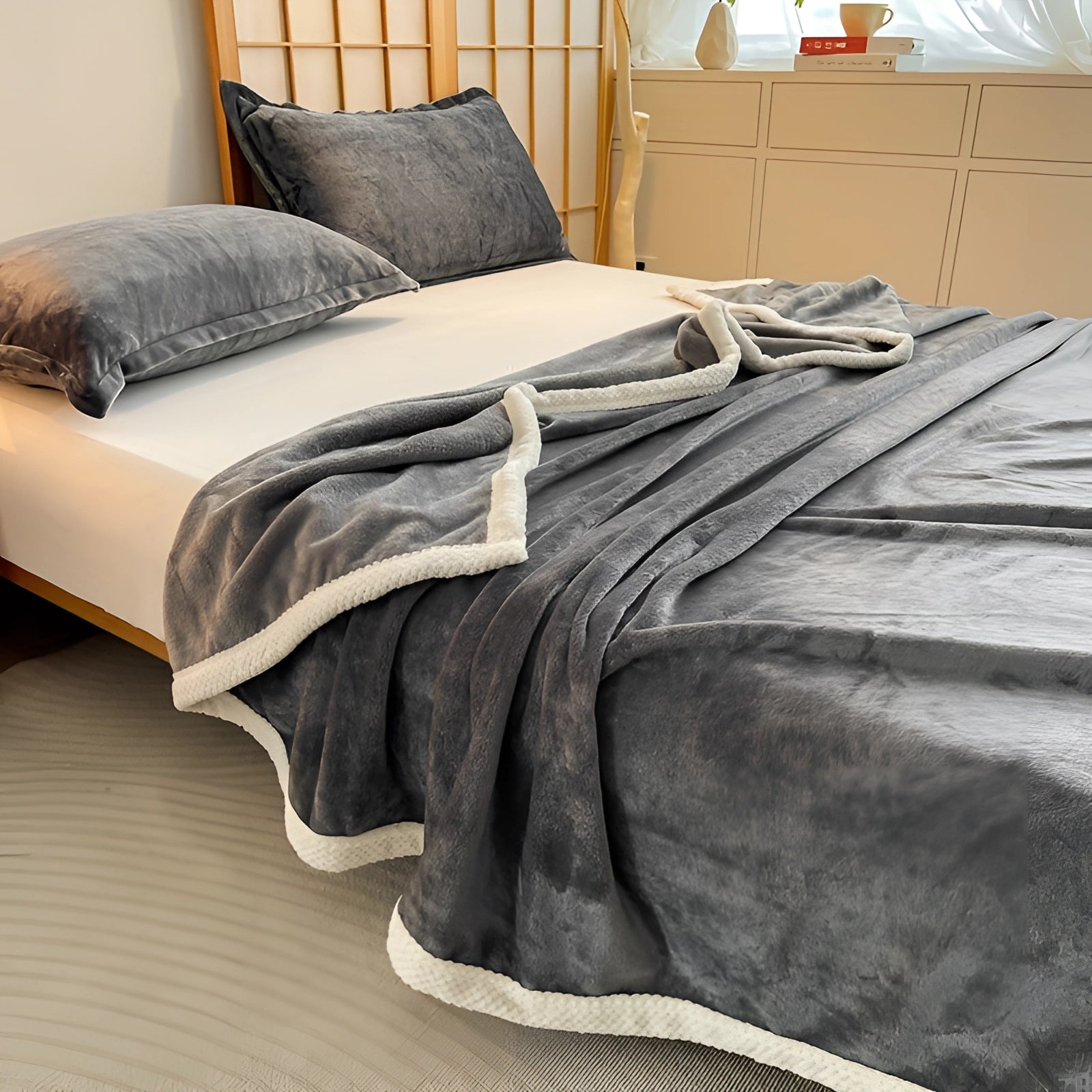 Luxury grey velvet blanket with plush fur trim elegantly draped over a bed, enhancing the sophisticated interior design of a room with grey pillows and a wooden bed frame on hardwood flooring.