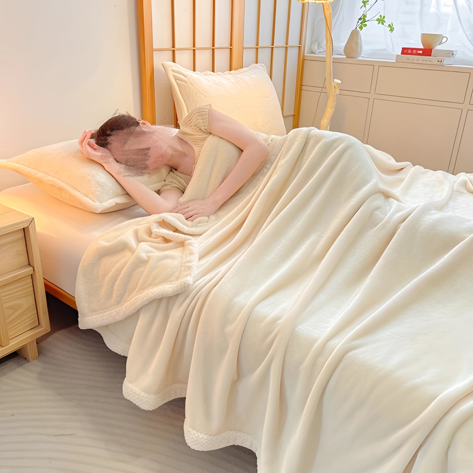 Luxury grey velvet blanket with plush fur trim draped over a bed in a stylish bedroom, showcasing a cozy and elegant interior design with wood flooring and neatly arranged linens.