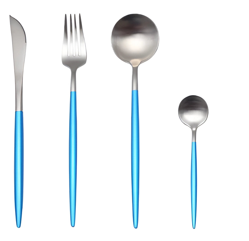 
A stylish luxury metallic finish cutlery set displayed on a table, featuring electric blue handles and a sleek modern design. The set includes various utensils arranged in an artistic still life composition, highlighting their durability and elegance for dining.