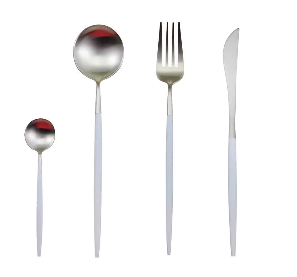 Luxury metallic finish cutlery set in white silver, featuring stylish and durable forks, knives, and spoons crafted from high-quality metal, ideal for elegant dining settings and special events.