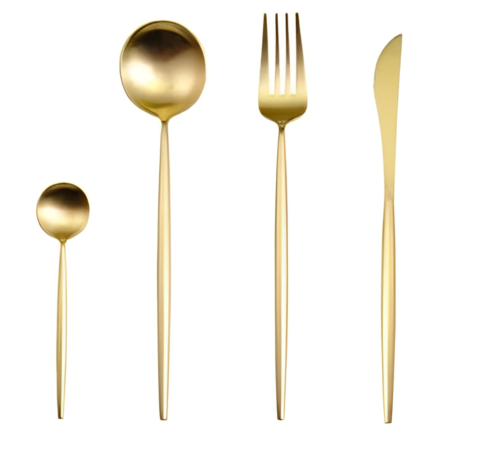 Luxury gold metallic finish cutlery set displayed on a wooden surface, featuring symmetrically arranged spoons and other utensils, highlighting its stylish and durable design for elegant dining experiences.