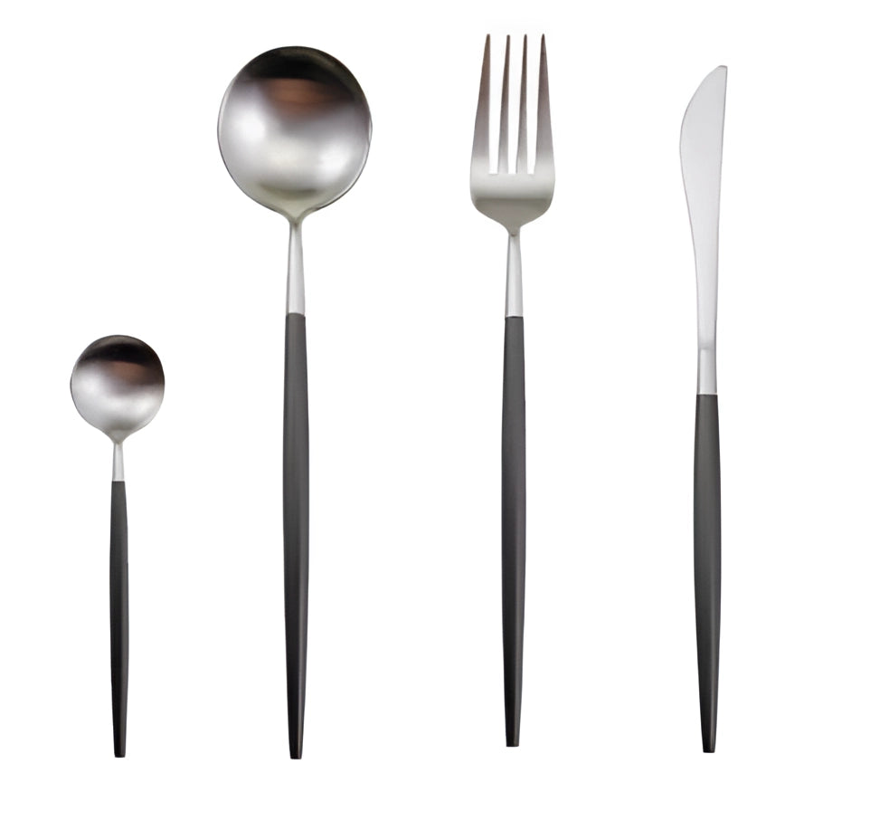 A stylish black silver metallic finish cutlery set, featuring sleek and durable design ideal for elegant dining. The set includes various utensils crafted from high-quality materials, elegantly displayed in a still life arrangement.