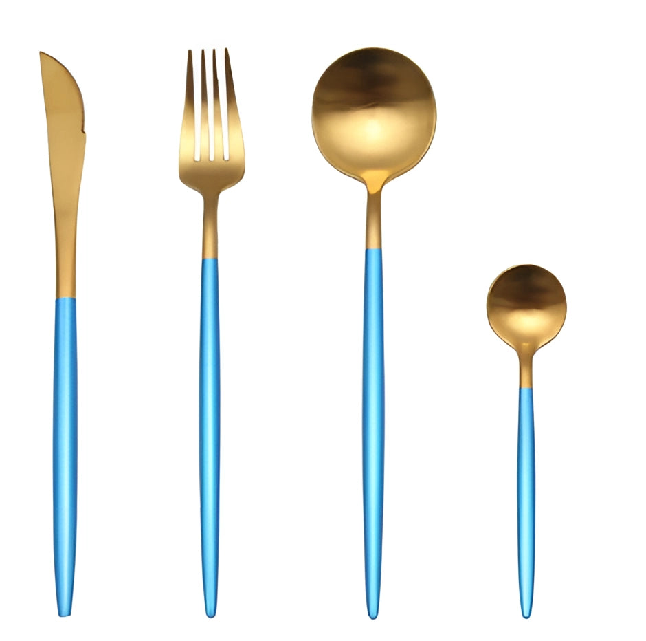 Luxury metallic finish cutlery set displayed on a table, featuring stylish and durable utensils with an elegant electric blue sheen, showcasing a modern and symmetrical design.