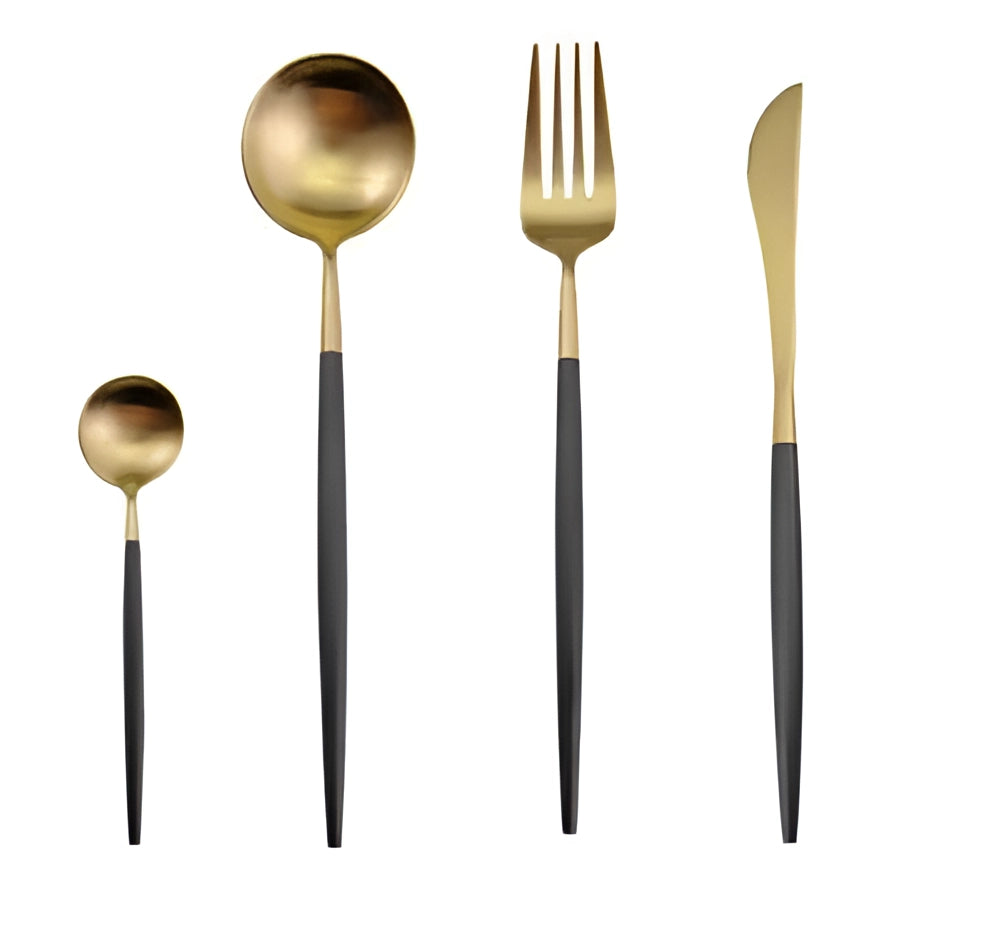 
A stylish and durable black gold metallic finish cutlery set elegantly arranged on a wooden surface, showcasing the luxury and sophistication of the tableware in a still life composition.