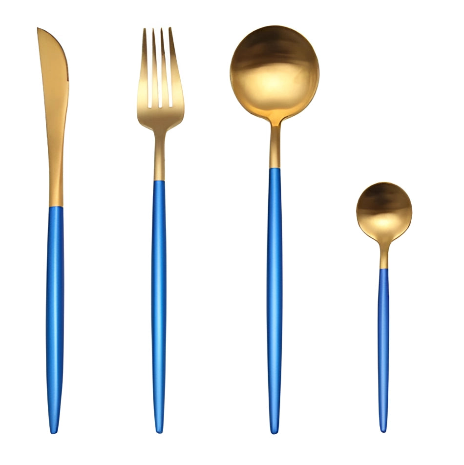 Luxury metallic finish cutlery set in blue gold, featuring electric blue and gold-toned tableware crafted from durable metal.