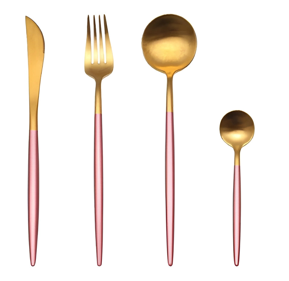 Luxury rose gold metallic finish cutlery set featuring stylish and durable dining utensils, including forks, knives, and spoons.