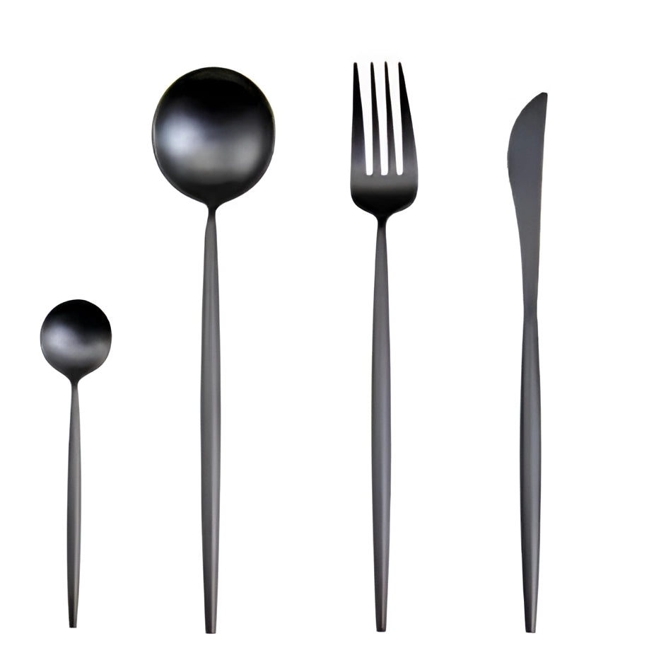 Luxury black metallic finish cutlery set arranged in a symmetrical pattern, showcasing stylish and durable dining tableware.