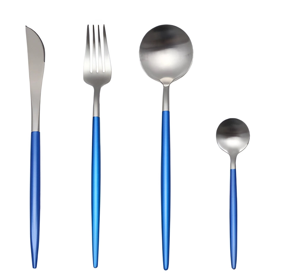 
A stylish and durable luxury metallic finish cutlery set in blue silver, featuring sleek and modern design utensils suitable for elegant dining experiences.