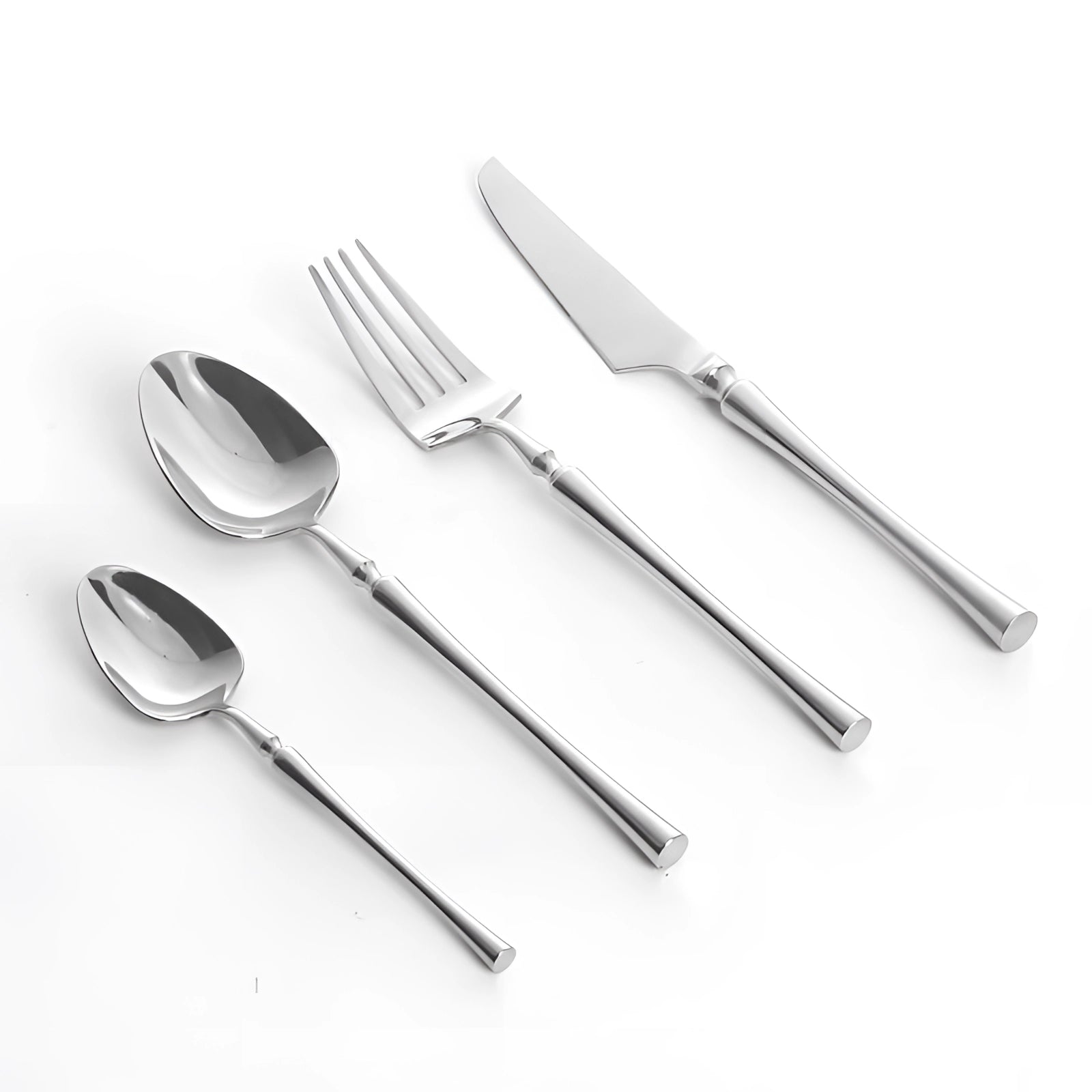 Elegant silver cutlery set consisting of stainless steel utensils including forks, knives, and spoons, showcasing a luxurious and timeless design suitable for formal dining settings.