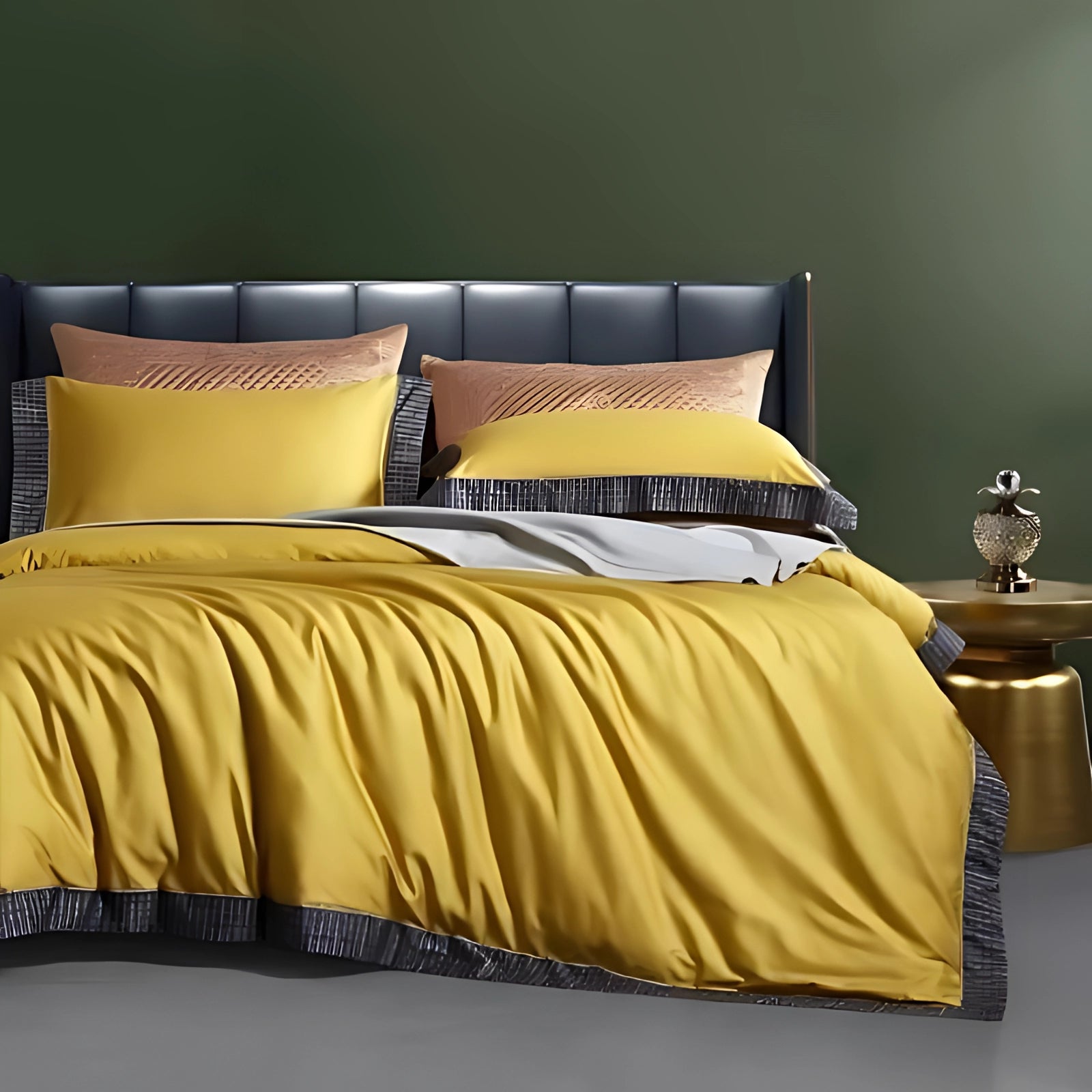 Luxury teal bedding set with an elegant blue comforter and matching pillow cases, displayed on a king-sized bed with a hint of yellow accents in a well-designed interior setting.