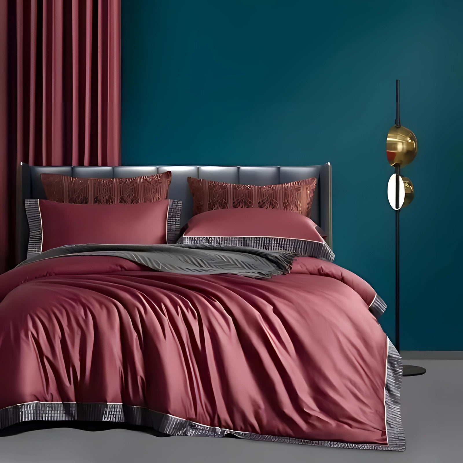 Elegant teal bedding set featuring a luxurious blue comforter and matching pillow cases, displayed on a king-sized bed with a sturdy wood bed frame, surrounded by a stylish interior design that enhances comfort and sophistication.