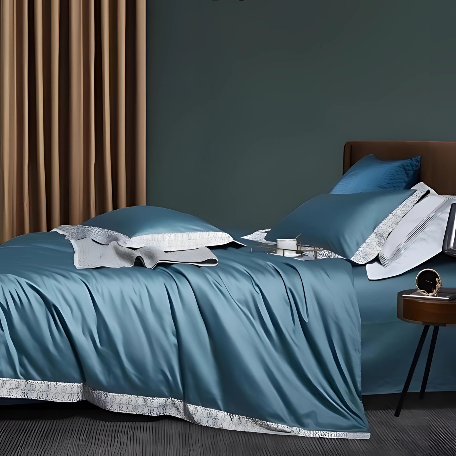 Elegant teal bedding set featuring a luxurious blue comforter and matching pillowcases, displayed on a bed in a stylish bedroom setting.