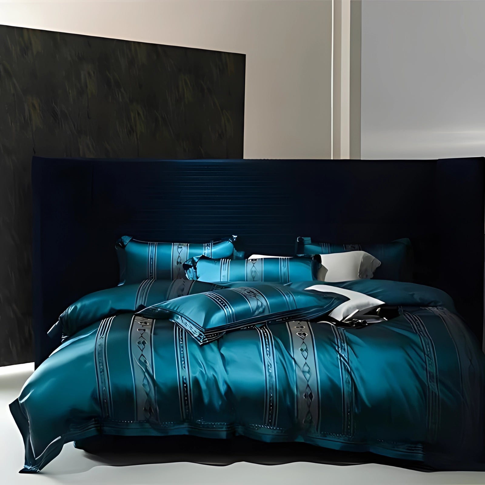 Luxurious teal silk bedding set featuring a satin duvet and designer pillowcases arranged on a stylish bed frame with wooden flooring in the background.