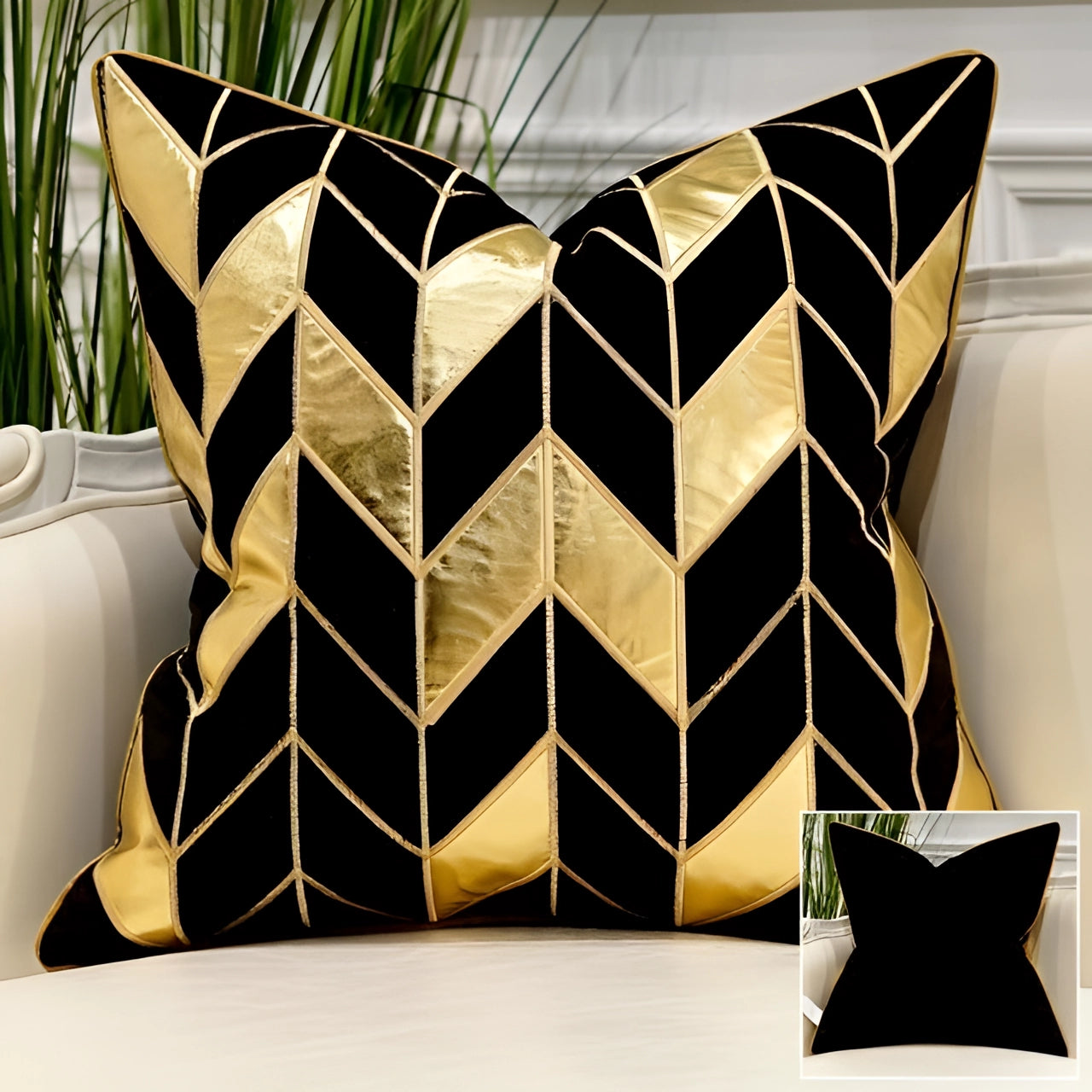 Luxury black velvet throw pillow with gold geometric puzzle pattern design, measuring 18" x 18".