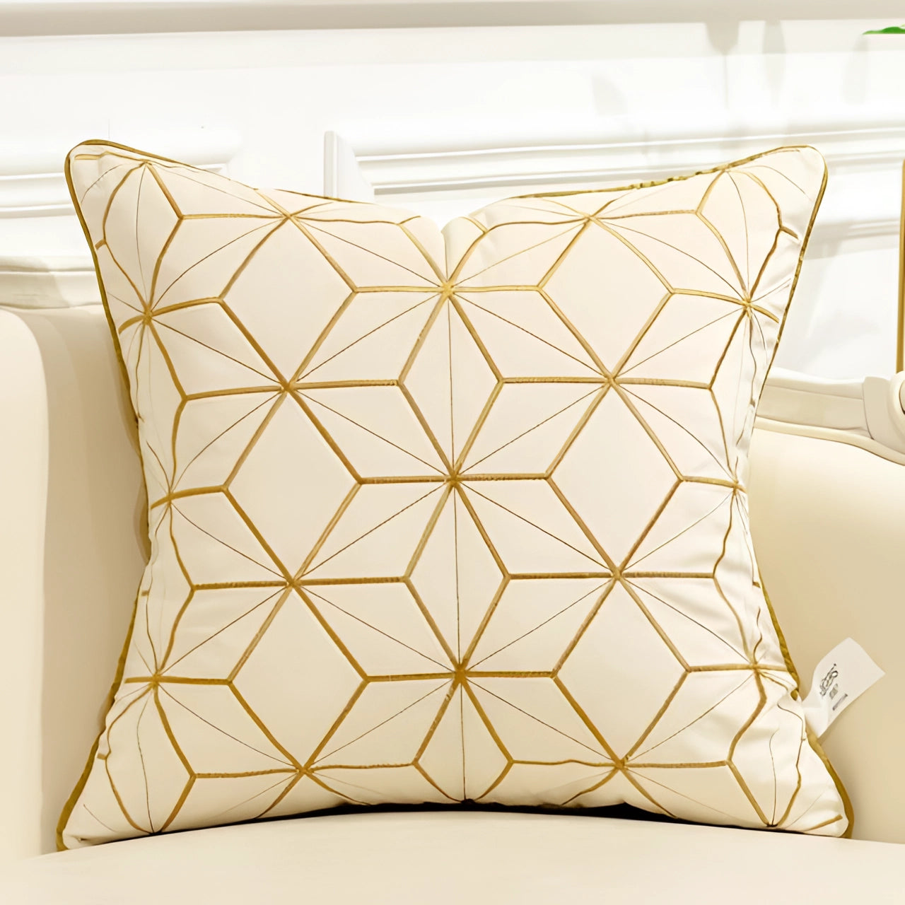 Luxury velvet throw pillow featuring a cream gold geometric constellation pattern, sized 20" x 20", displayed against a neutral background.