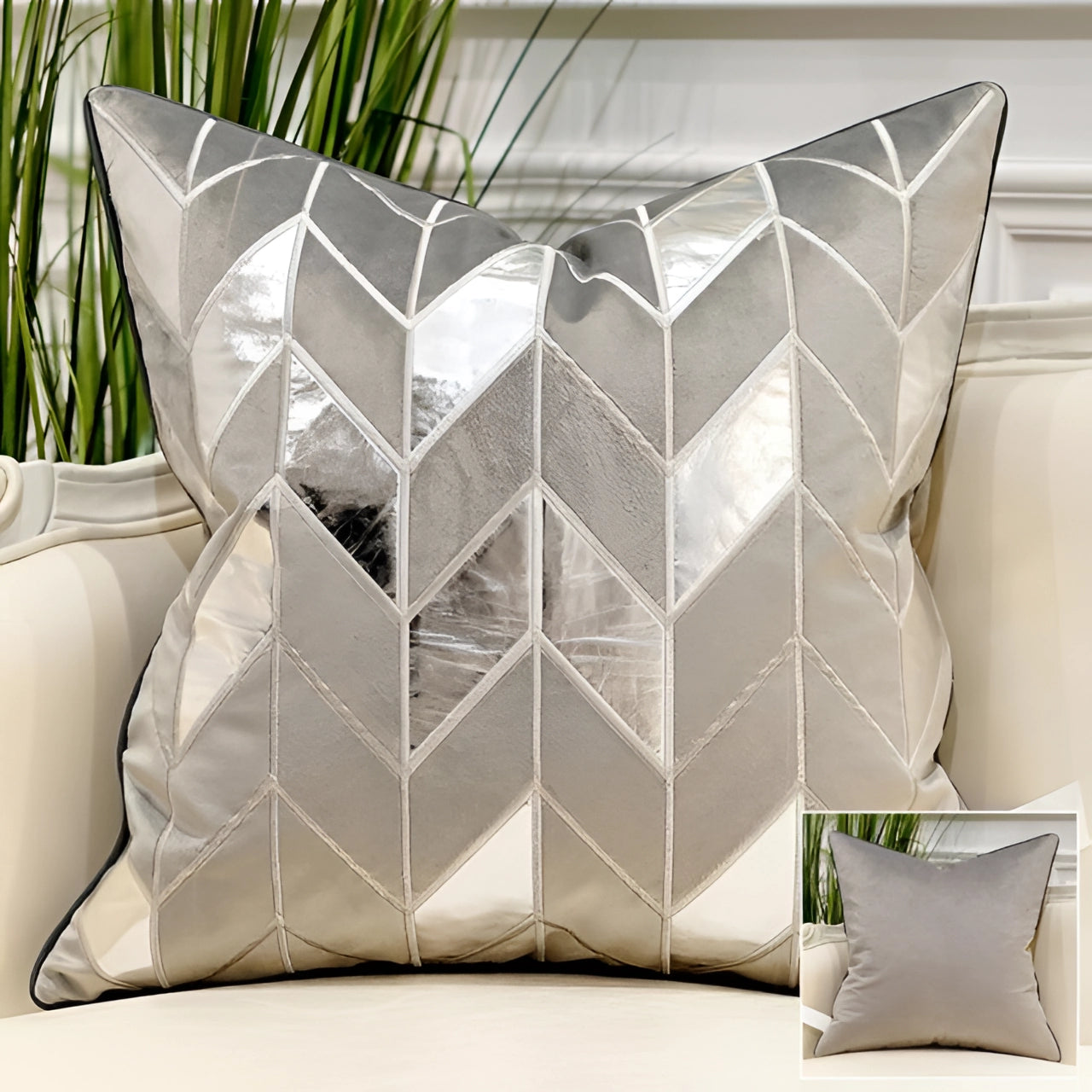 Luxurious velvet throw pillow in gray-silver with a geometric puzzle design featuring gold accents, measuring 18 by 18 inches, suitable for interior decoration and adding comfort to furniture settings.