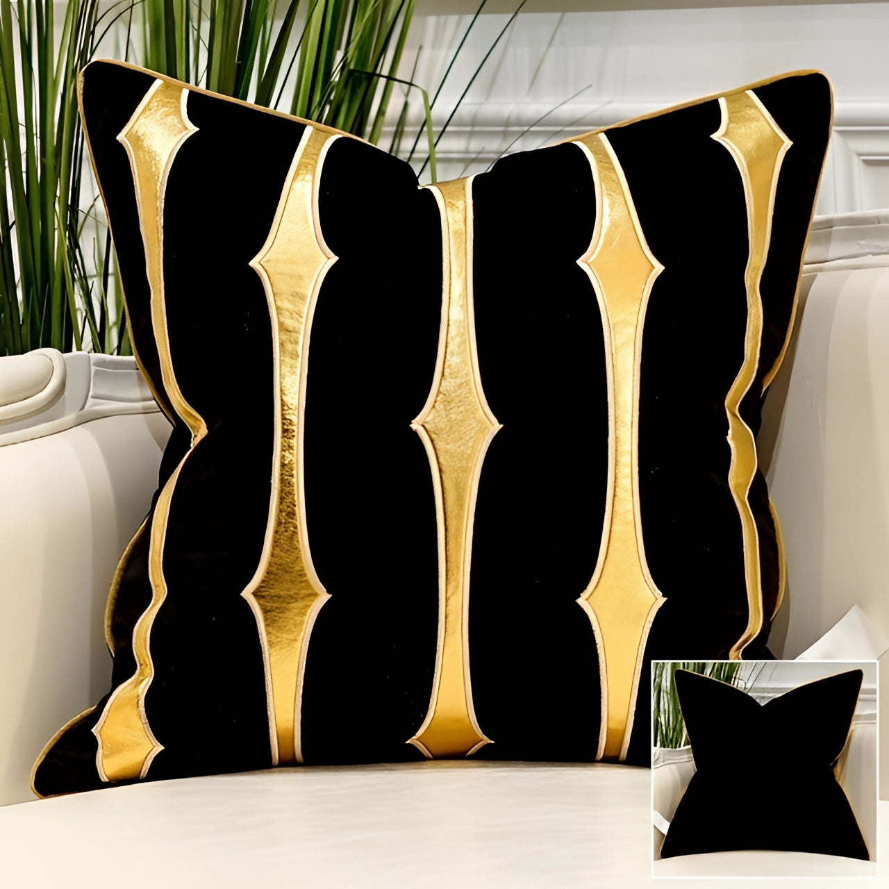 Luxury velvet throw pillows featuring a gold accent geometric stripe pattern, sized at 18" x 18". The cushions are primarily black and gold, adding an elegant touch to interior design.