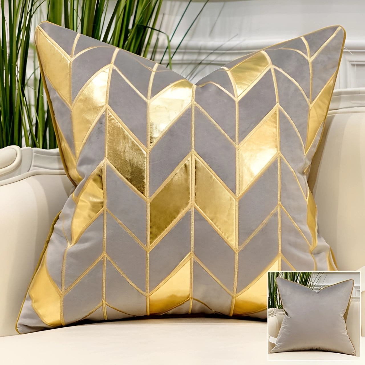 Luxury gray velvet throw pillow with gold geometric puzzle pattern, placed on a stylish interior setting, offering comfort and artistic flair.