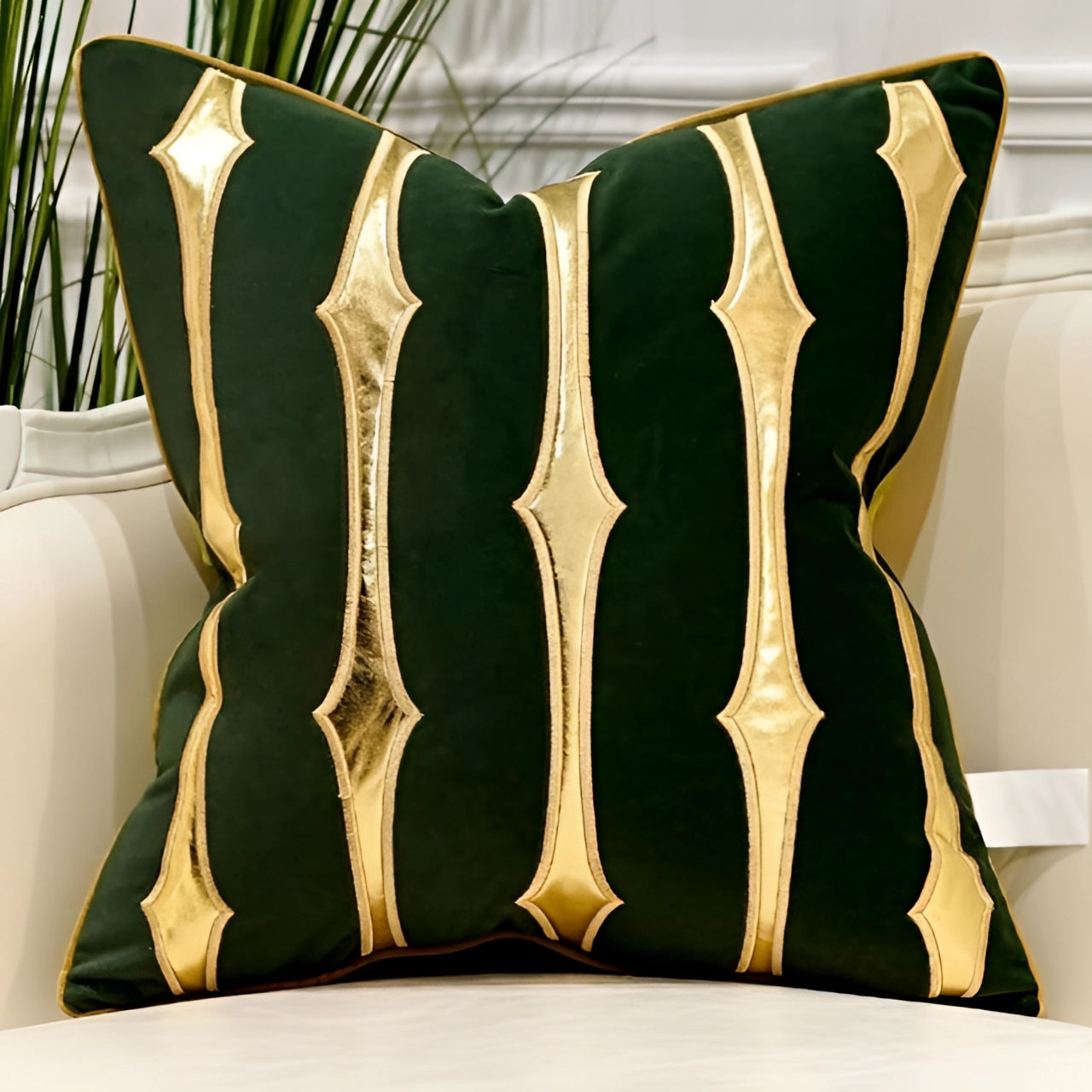 Luxury velvet throw pillow in a green and gold color scheme, featuring a geometric stripe pattern, size 18" x 18", displayed with a wood backdrop to emphasize natural materials and elegant design.