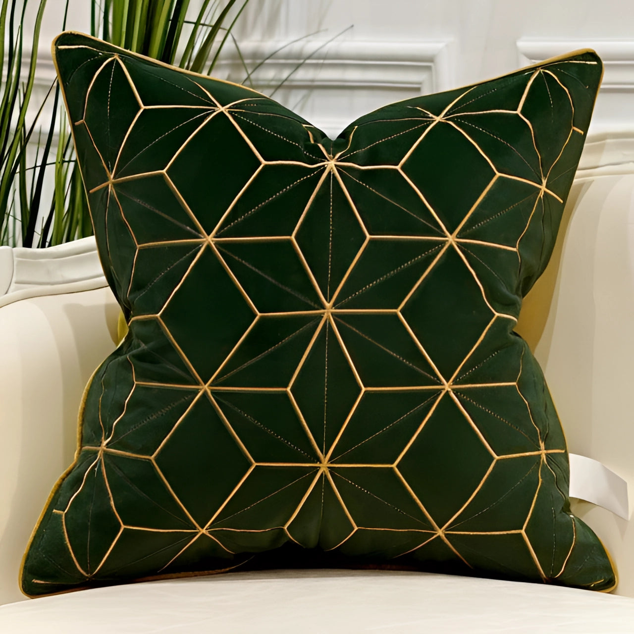 Luxurious green velvet throw pillow, 18" x 18", featuring a gold geometric constellation pattern, perfect for adding a touch of elegance and artistry to home decor.