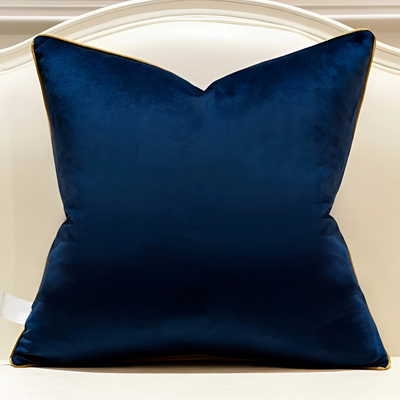 Luxury velvet throw pillow in a bold electric blue color, featuring a solid geometric design with gold accents, measuring 20 inches by 20 inches, ideal for adding a touch of elegance and modern style to any living space.