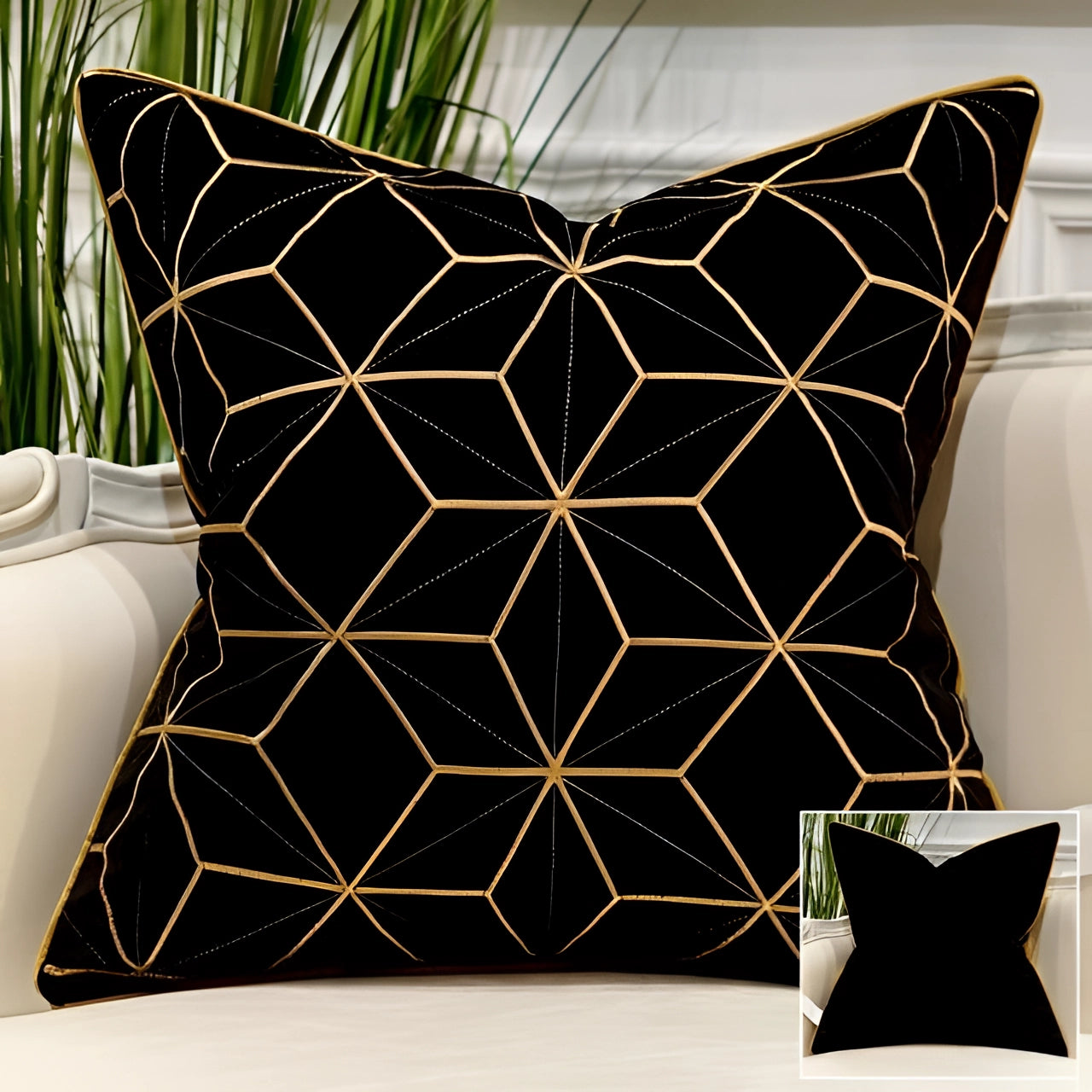 Luxury velvet throw pillow featuring a geometric constellation pattern in black and gold, measuring 18" x 18", with a sophisticated and elegant design.