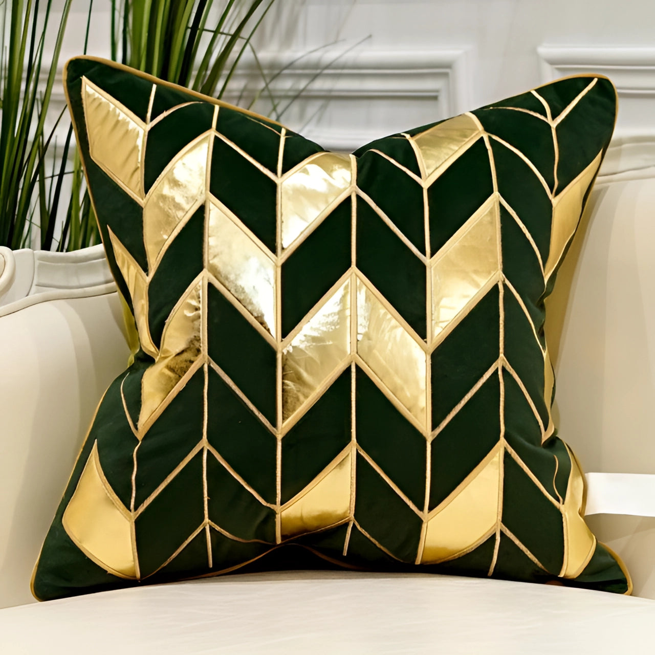 Luxurious velvet throw pillow featuring a green and gold geometric puzzle design, measuring 18" x 18", with a pattern that incorporates triangles and rectangular shapes, adding a touch of elegance and comfort to any decor.