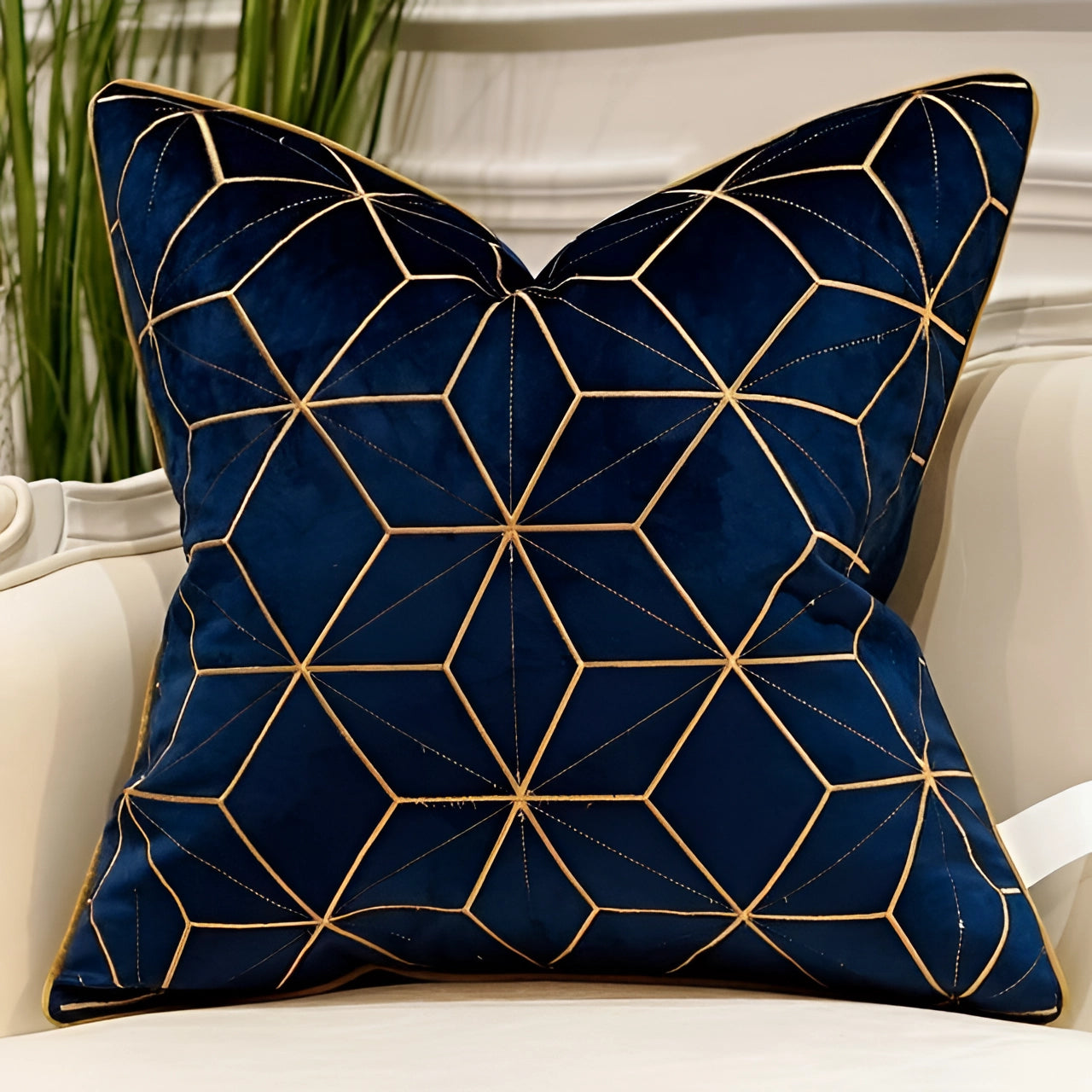 Luxurious blue velvet throw pillow featuring gold geometric constellation patterns, measuring 20" x 20", ideal for adding a touch of elegance and comfort to any living space.