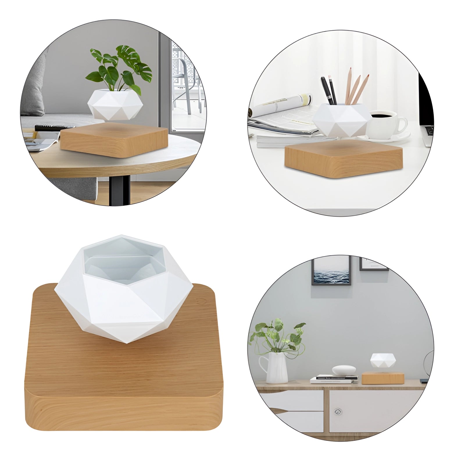 Magnetic floating bonsai plant in a modern levitating pot, placed on a wooden table. The pot is round and white, emphasizing the small bonsai tree as the centerpiece. Ideal for contemporary home decor.