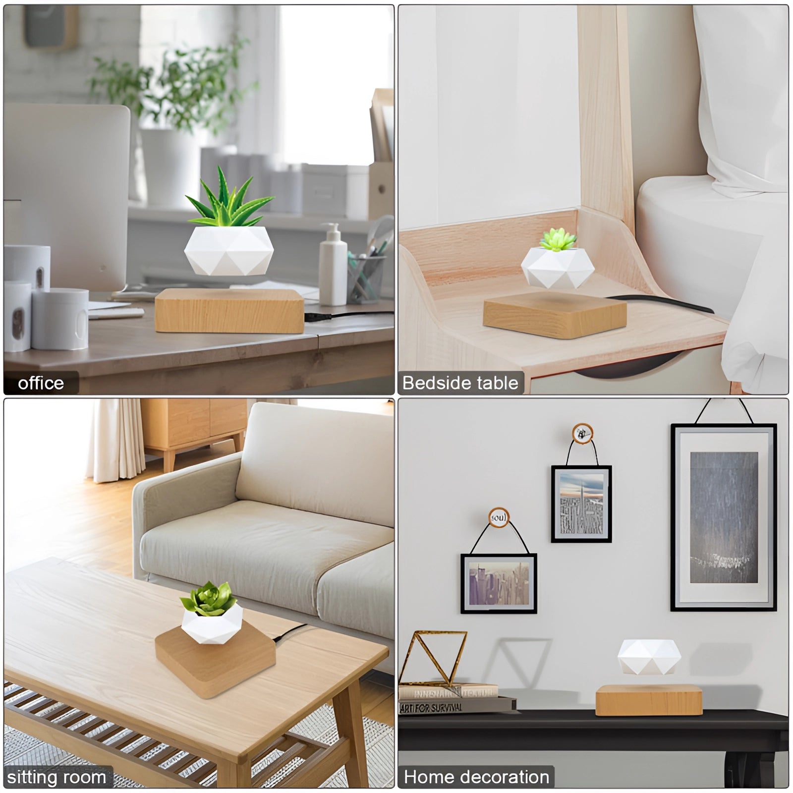 Levitating plant pot with a small bonsai tree floating above a modern, minimalist table, surrounded by a cozy interior featuring a couch in warm orange and yellow tones.