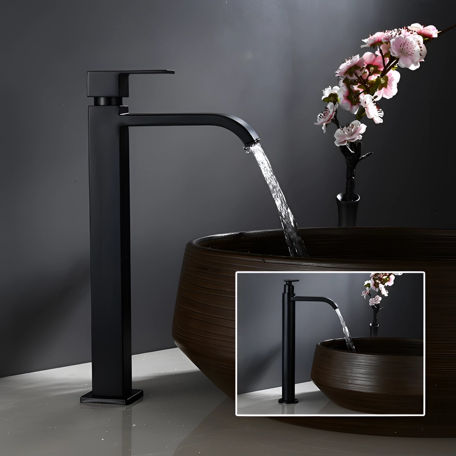 Matte black modern bathroom faucet with a sleek minimalist design, installed on a countertop.