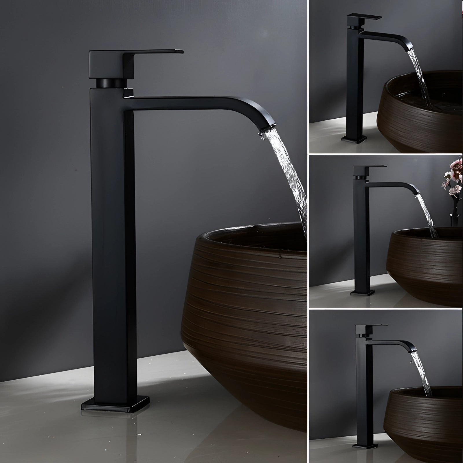 Matte black modern bathroom faucet with a sleek minimalist design, installed on a rectangular sink. The faucet showcases a smooth metallic finish, complementing monochrome bathroom decor.