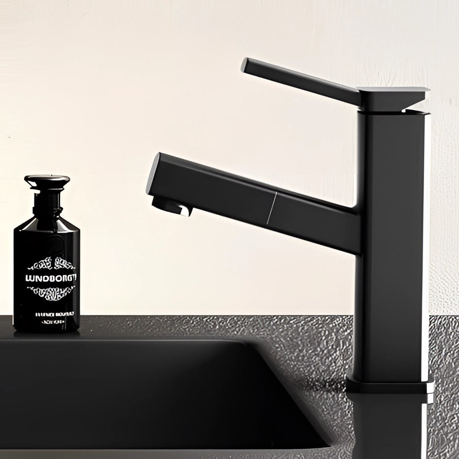 Matte black single-handle bathroom faucet with a modern design, installed on a wooden countertop, showcasing its sleek water-efficient tap feature.