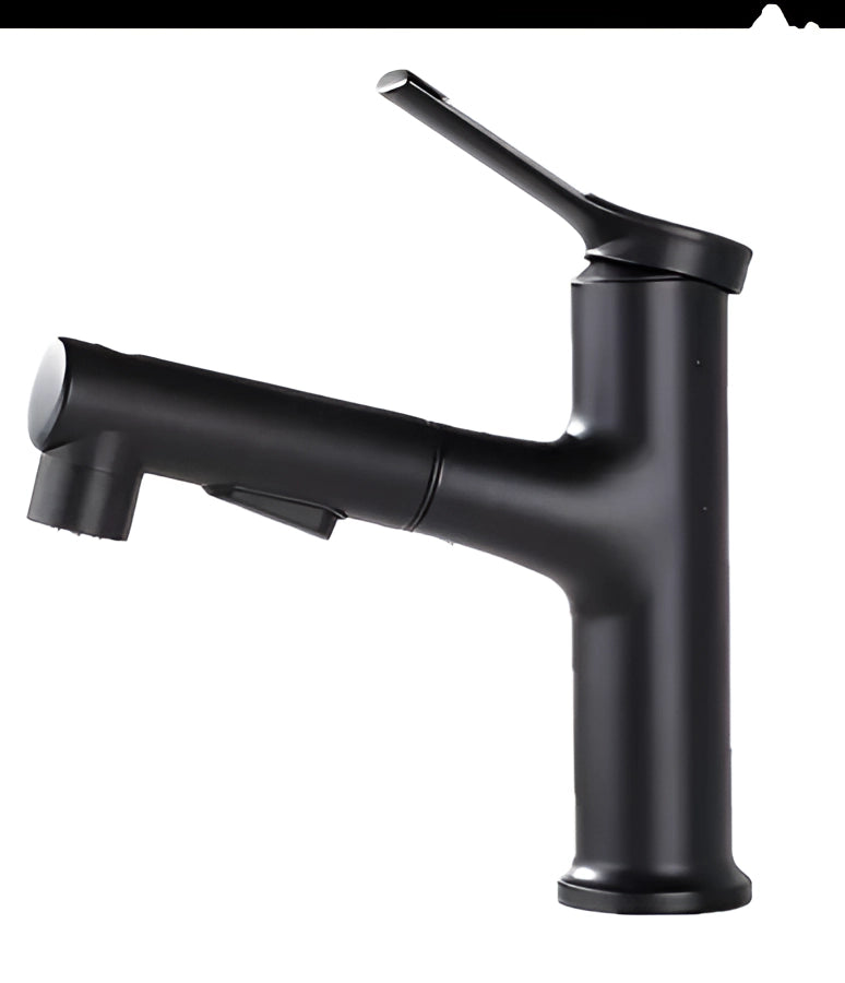 A sleek matte black single-handle bathroom faucet with a modern design, featuring a water-efficient tap mechanism.