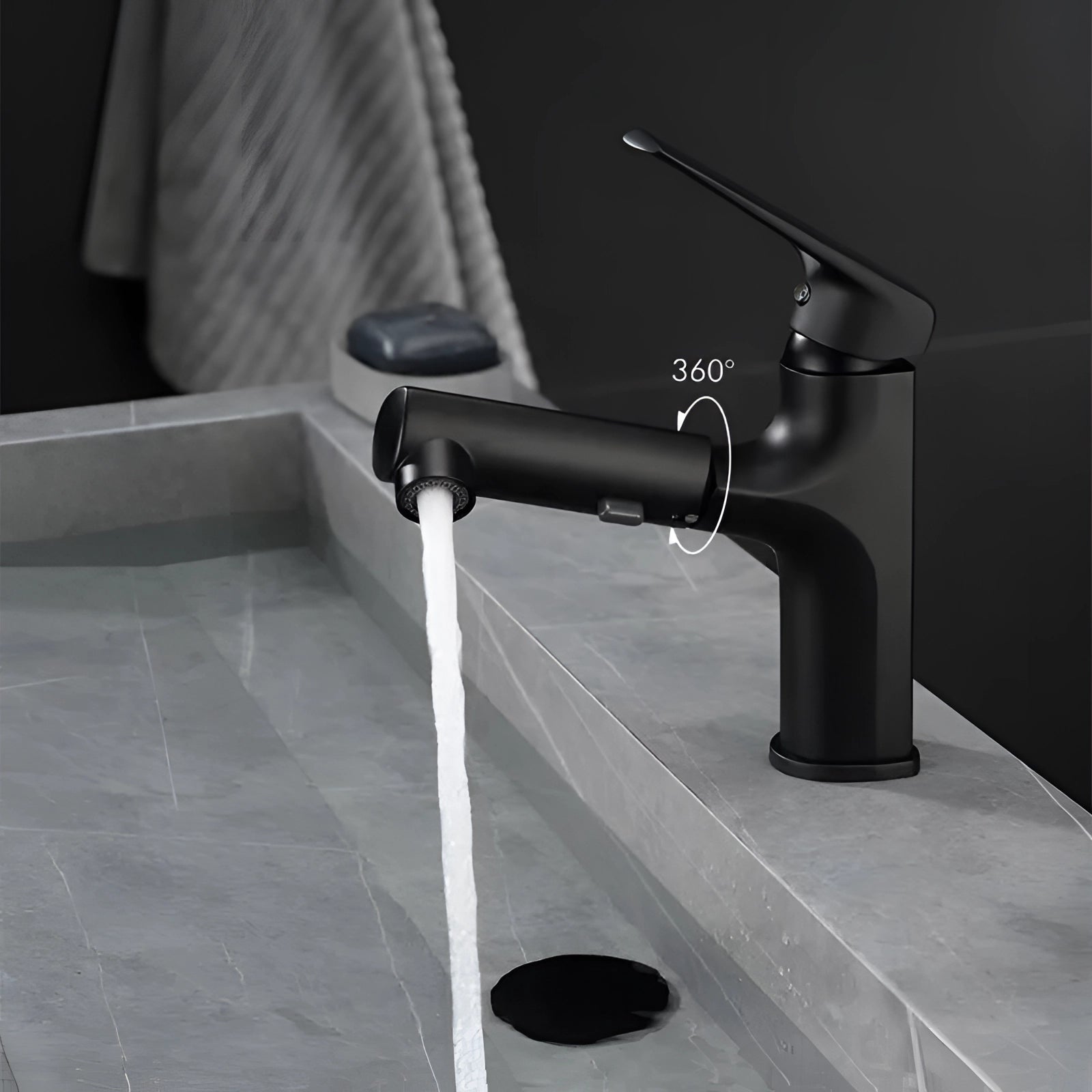 Matte black single-handle bathroom faucet with a modern design and water-efficient tap.