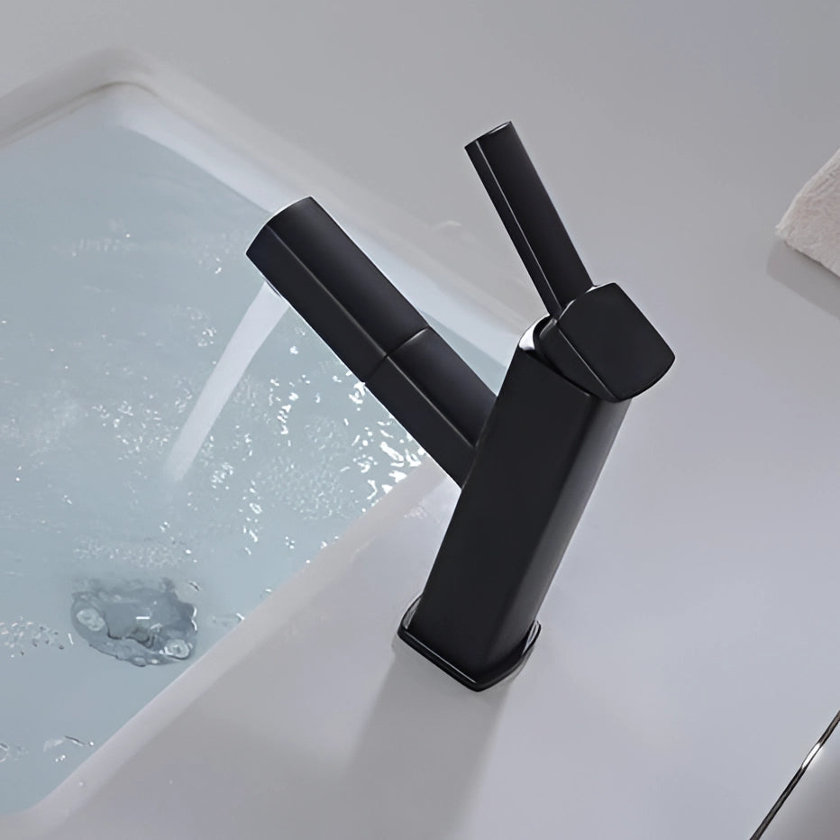 Matte black single-handle bathroom faucet with a modern design, featuring a sleek and water-efficient tap, set against a minimalistic background.